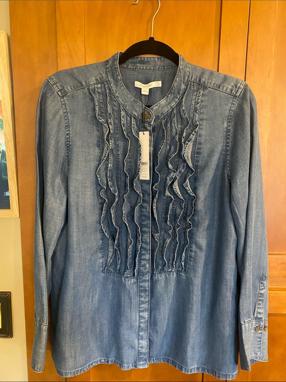 Chico's Washed Blue Ruffle-Front Denim Button Down - Picture 2 of 3